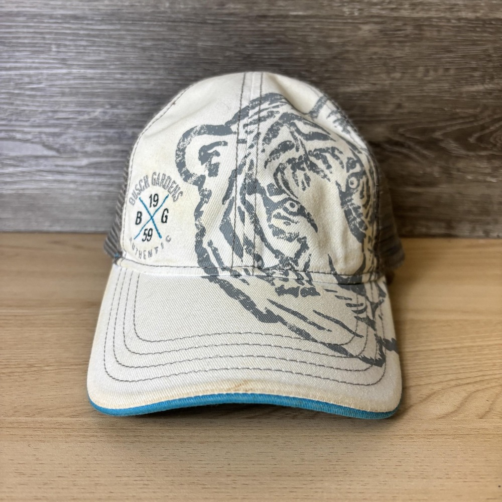 Busch Gardens Hat Cap Snap Back Trucker Mesh Cream Blue Tiger Graphic Mens Zoo